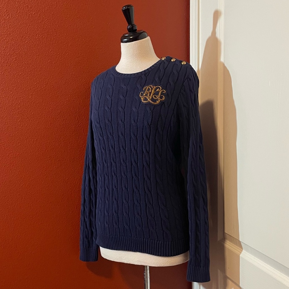 Lauren Ralph Lauren Women’s Montiva Navy Cable Knit Pullover Preppy‎ Sweater